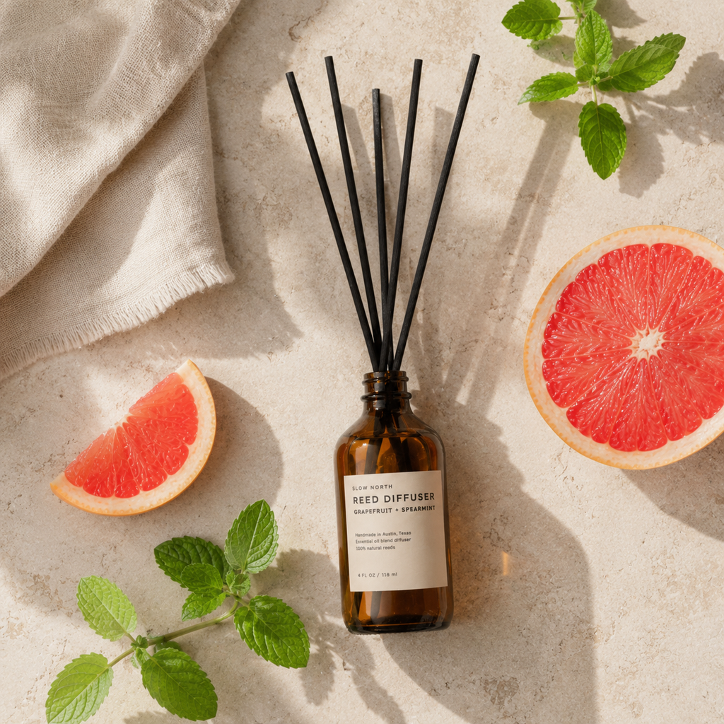An amber glass reed diffuser bottle with black reeds and a cream label, styled on a light stone surface with grapefruit slices, mint leaves, and a beige cloth.
