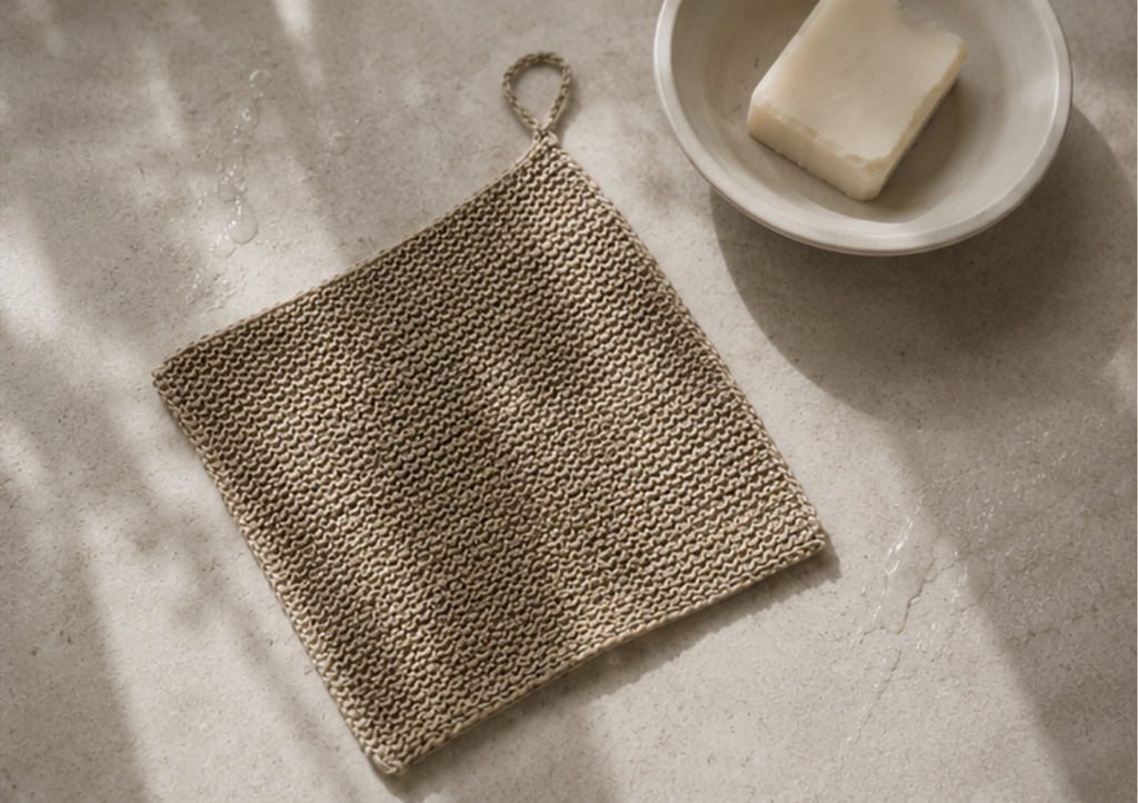 A square beige woven dishcloth with a hanging loop, laid flat on a textured light surface next to a white bowl containing a bar of soap.