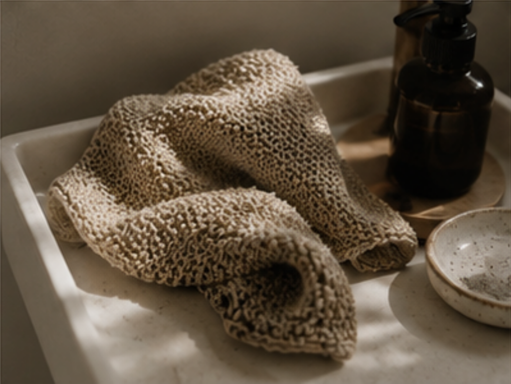 A beige textured knit bath towel draped over a white ceramic sink, with a dark amber pump bottle and a small speckled dish in the background.