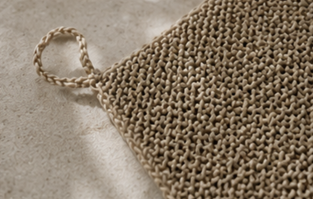 Close-up of a woven beige textile item with a braided loop handle, photographed on a light stone-like surface.