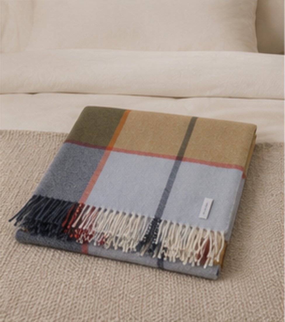 A folded plaid throw blanket with fringe, displayed on a textured beige sofa. The blanket features a classic check pattern in beige, gray, light blue, dark green, and rust red, with cream and dark blue fringe.