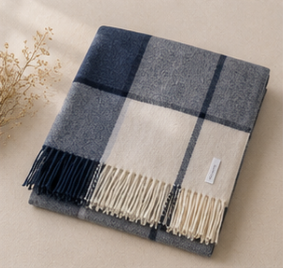 A folded plaid throw blanket with navy blue and cream sections, finished with fringe trim and a small white brand tag, displayed on a beige surface with dried floral decor in the corner.