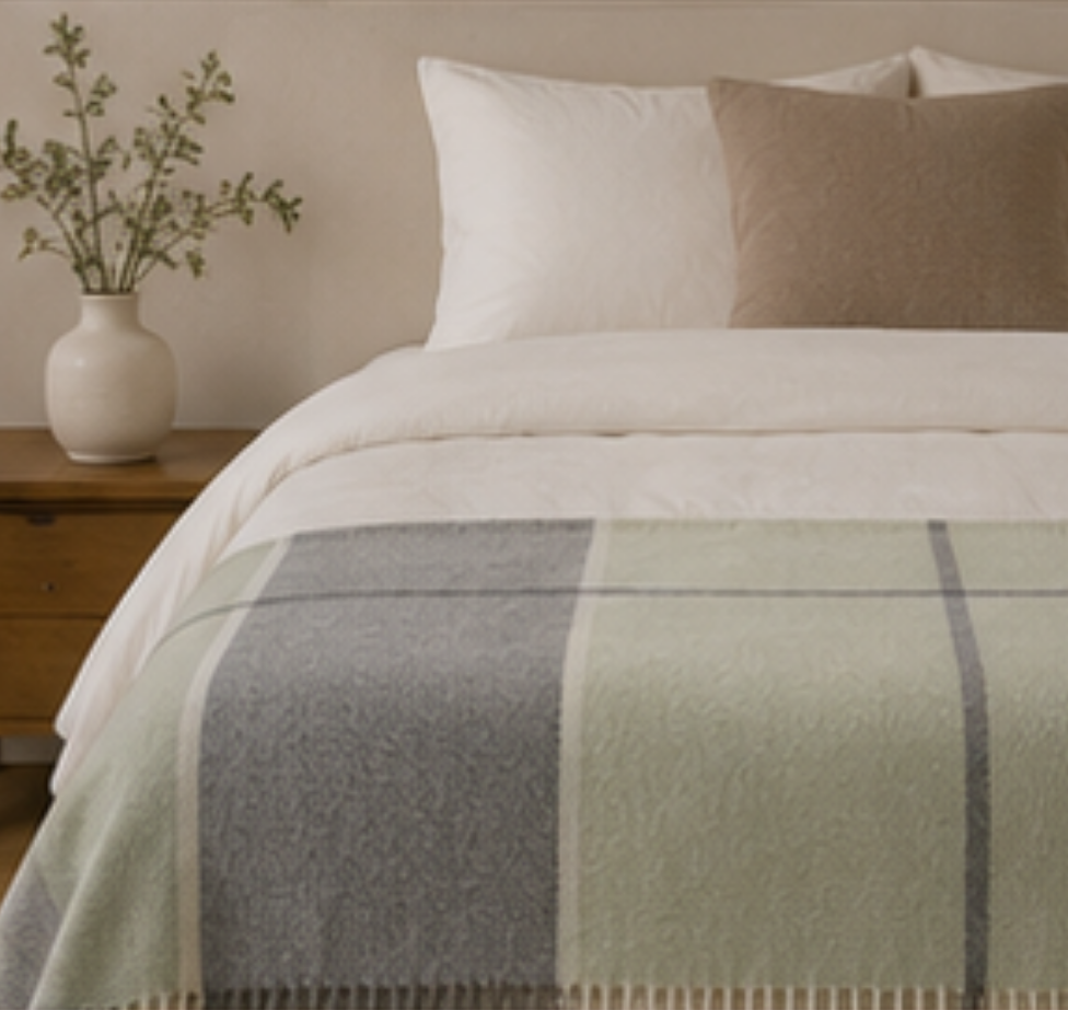 A neatly made bed with white bedding and a large plaid throw blanket in muted sage green, gray, and beige tones. A beige pillow rests against the headboard, and a small wooden bedside table with a white vase of branches is visible on the left.