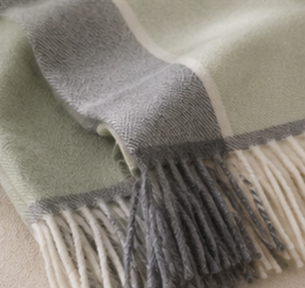 A close-up of a woven throw blanket with a soft sage green body, a wide gray stripe, cream border lines, and fringed edges.