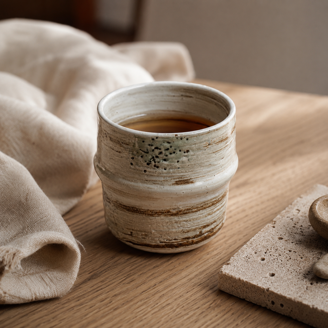A handmade ceramic cup filled with tea sits on a wooden table next to a draped beige cloth and a stone coaster.