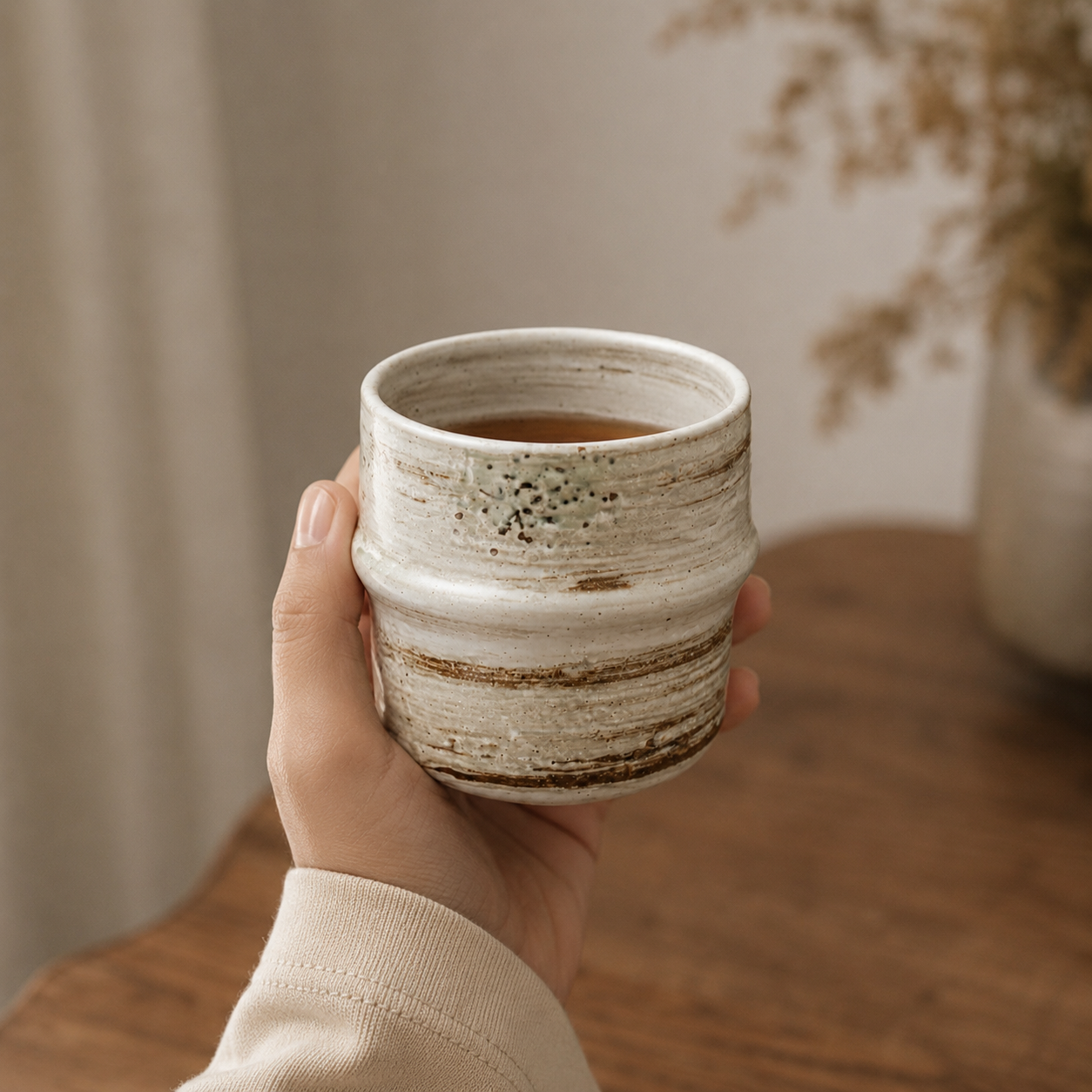 A hand holding a small handmade ceramic cup with a textured, rustic off-white glaze and brown bands, filled with a dark beverage, set against a warm, softly blurred background.