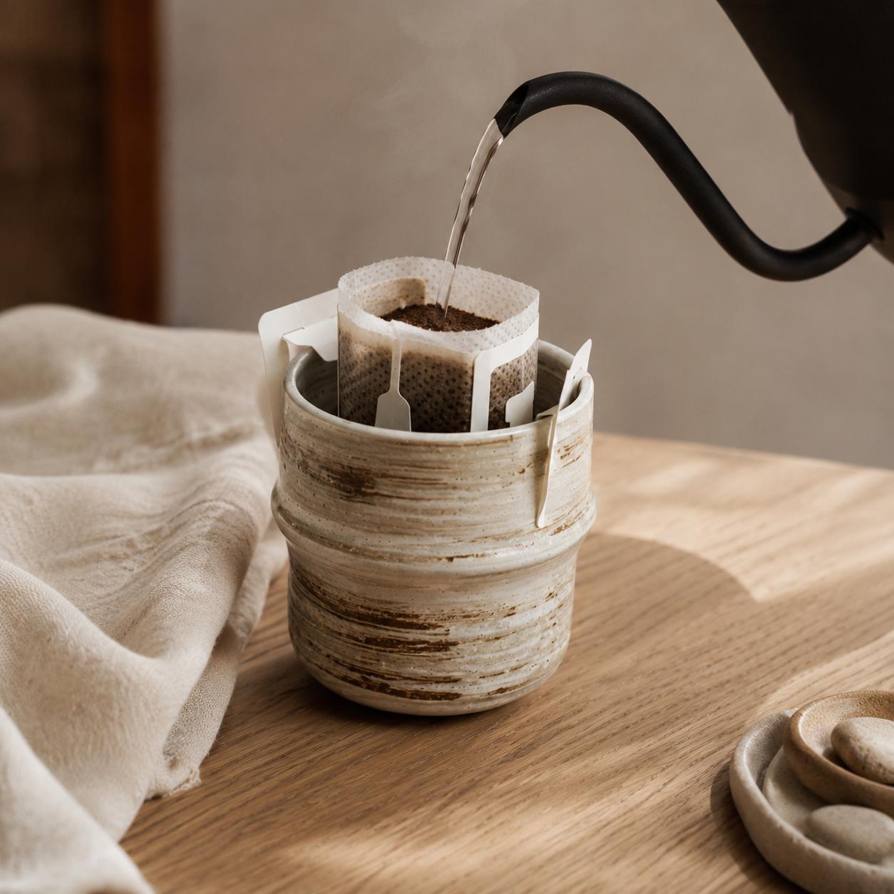 A ceramic pour-over coffee maker with white paper filters, shown on a wooden table with hot water being poured from a black gooseneck kettle. A beige cloth and a small wooden spoon are nearby.