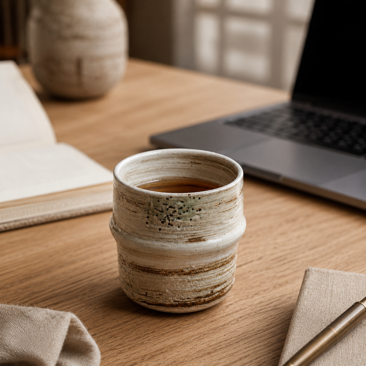 A small handmade ceramic cup filled with tea sits on a wooden desk, surrounded by an open notebook, a laptop, and a folded cloth in a softly lit workspace.
