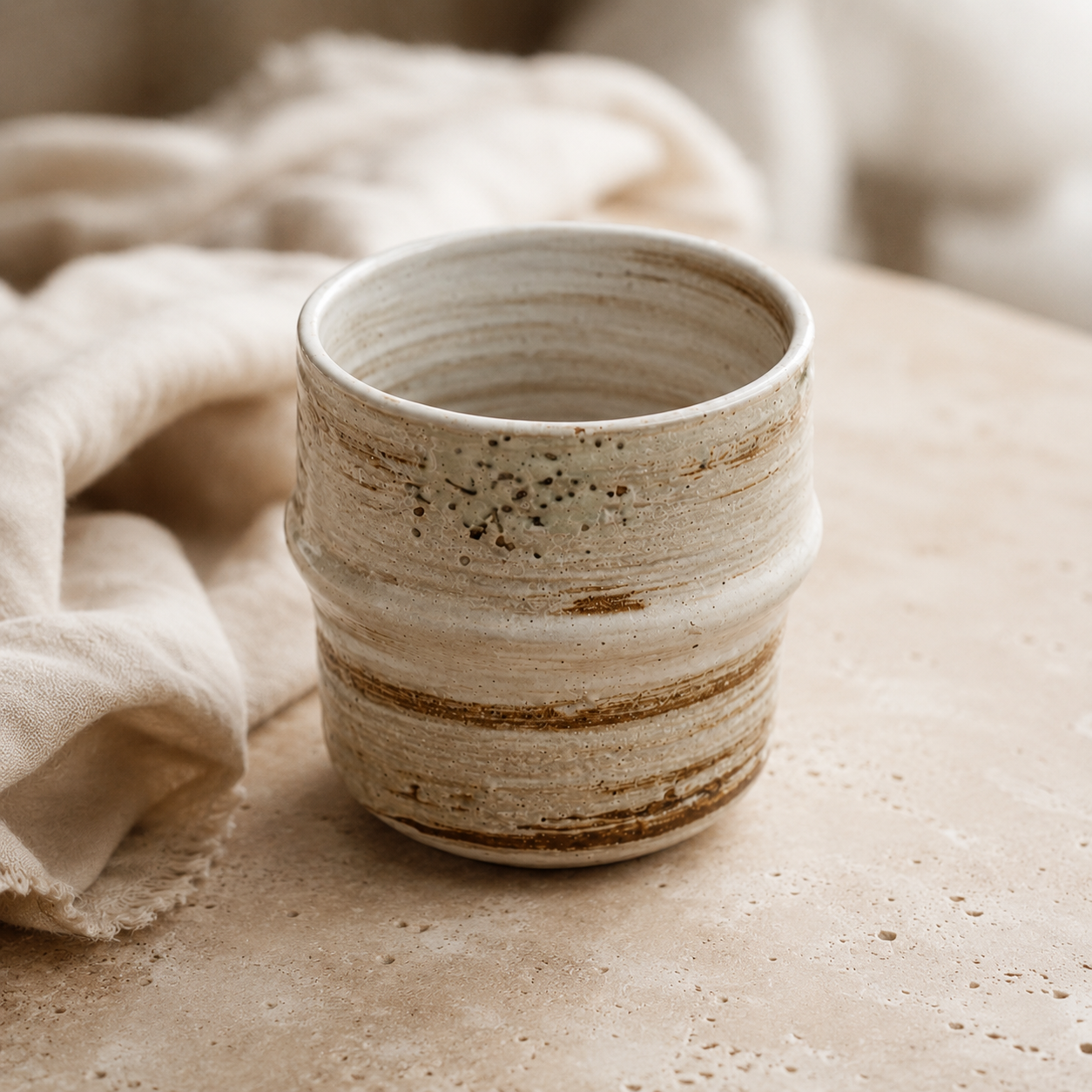 A handmade ceramic cup with a textured, speckled beige and brown glaze, set on a stone surface next to a draped beige linen cloth.
