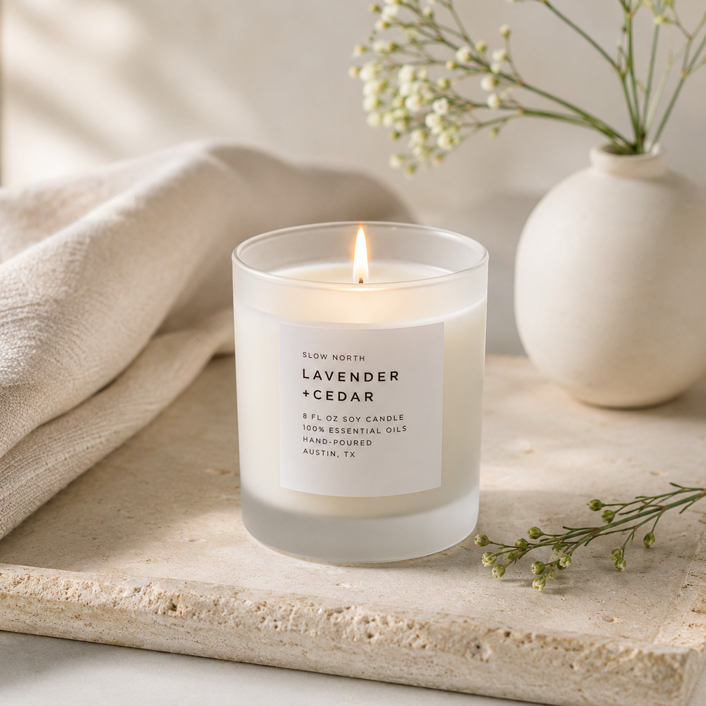 A lit candle in a frosted glass jar sits on a stone tray beside a folded beige cloth and a small white vase with delicate flowers. The front label reads 'CLOWN NORTH LAVENDER + CEDAR'.