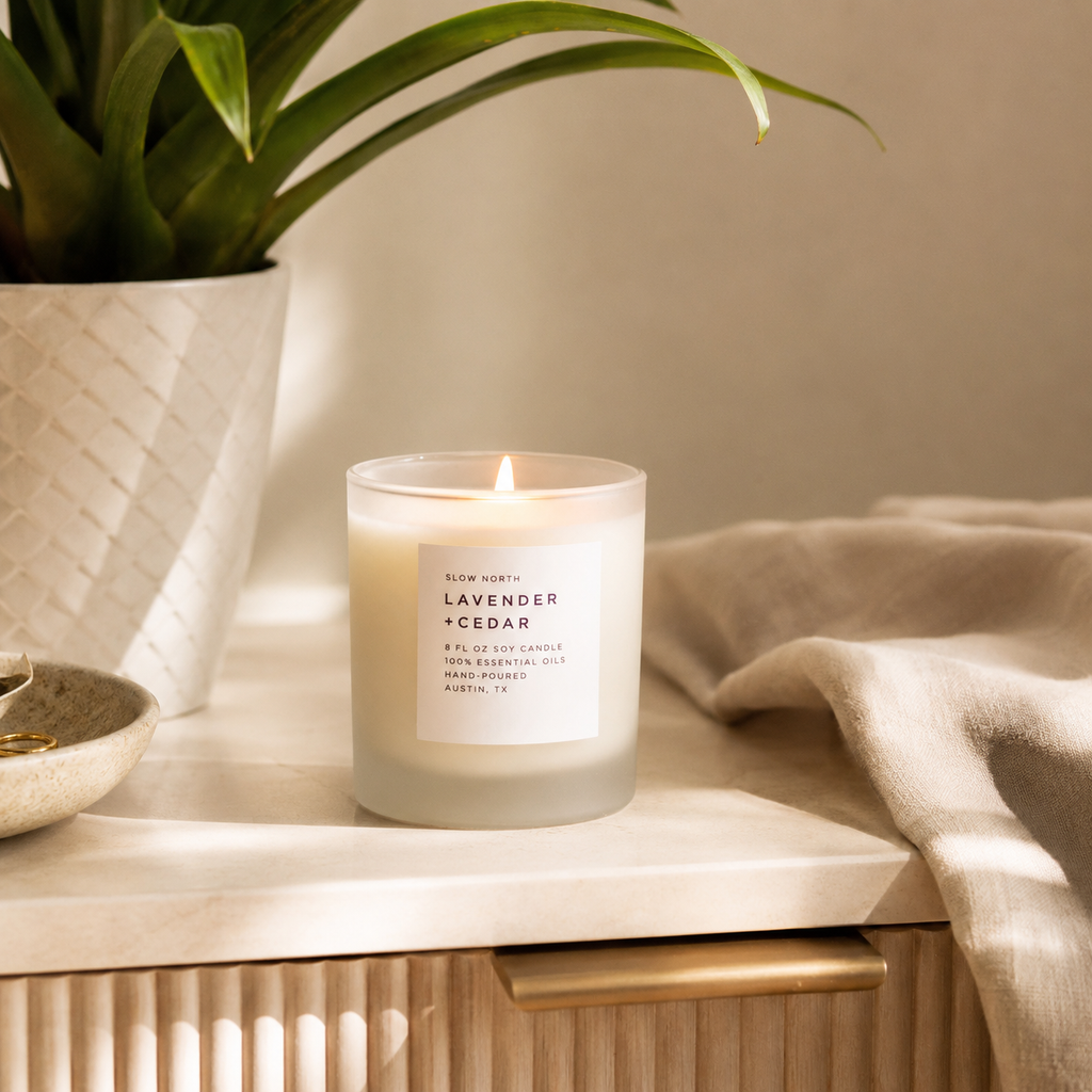 A lit frosted glass candle labeled 'Lavender + Cedar' sits on a light stone surface beside a beige draped fabric, with a potted plant and small bowl in the softly lit background.
