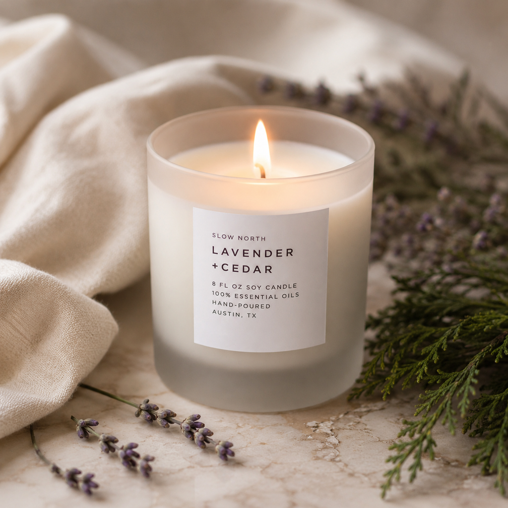 A lit soy candle in a frosted glass jar with a white label reading 'SLOW NORTH LAVENDER + CEDAR,' styled on a light stone surface with cream fabric, lavender sprigs, and greenery.