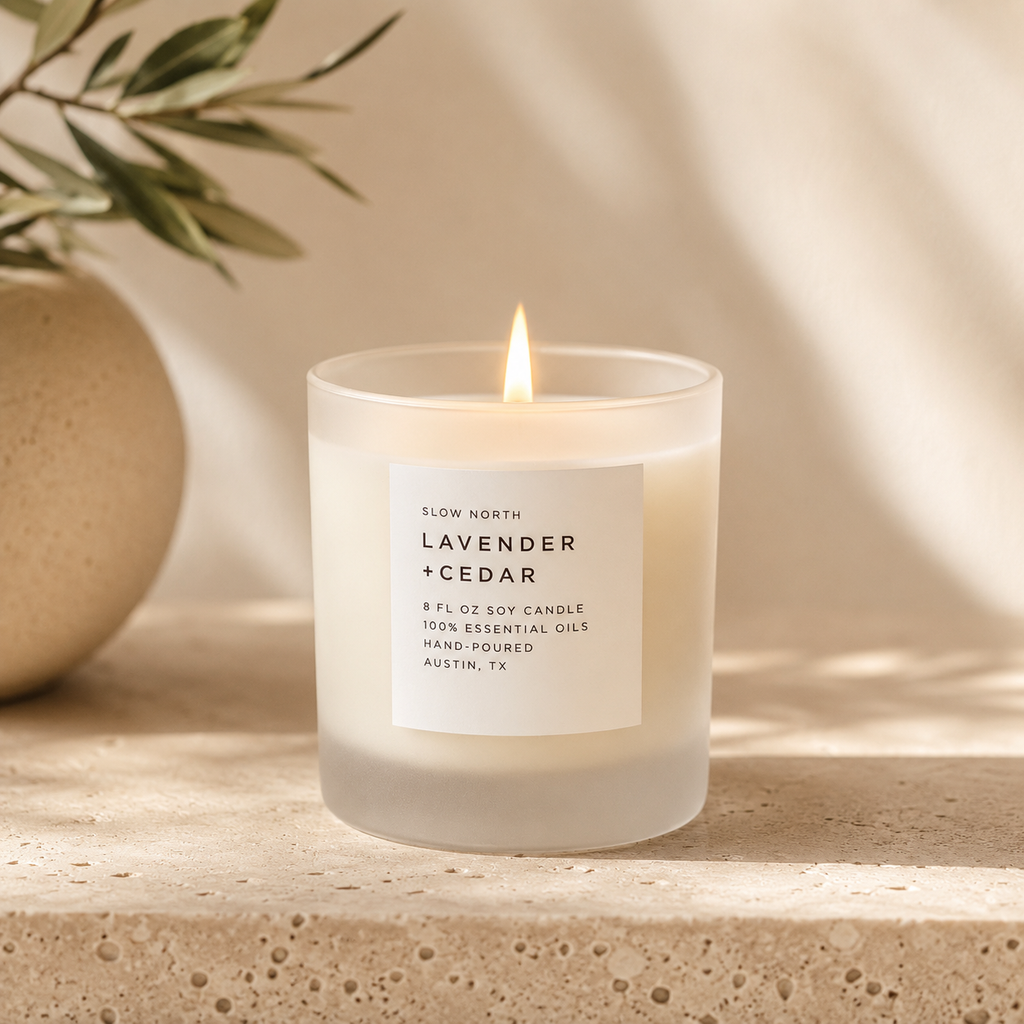 A lit Slow North Lavender + Cedar scented soy candle in a frosted glass jar, set on a textured stone surface with a warm neutral background and a blurred potted plant.