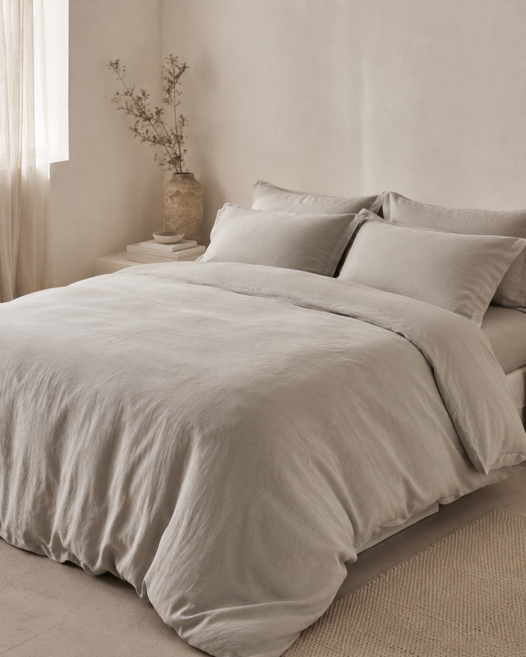 A neatly made bed dressed in light beige or oatmeal-colored bedding, including a duvet cover and multiple pillows, styled in a softly lit bedroom with a vase and books on a side table.