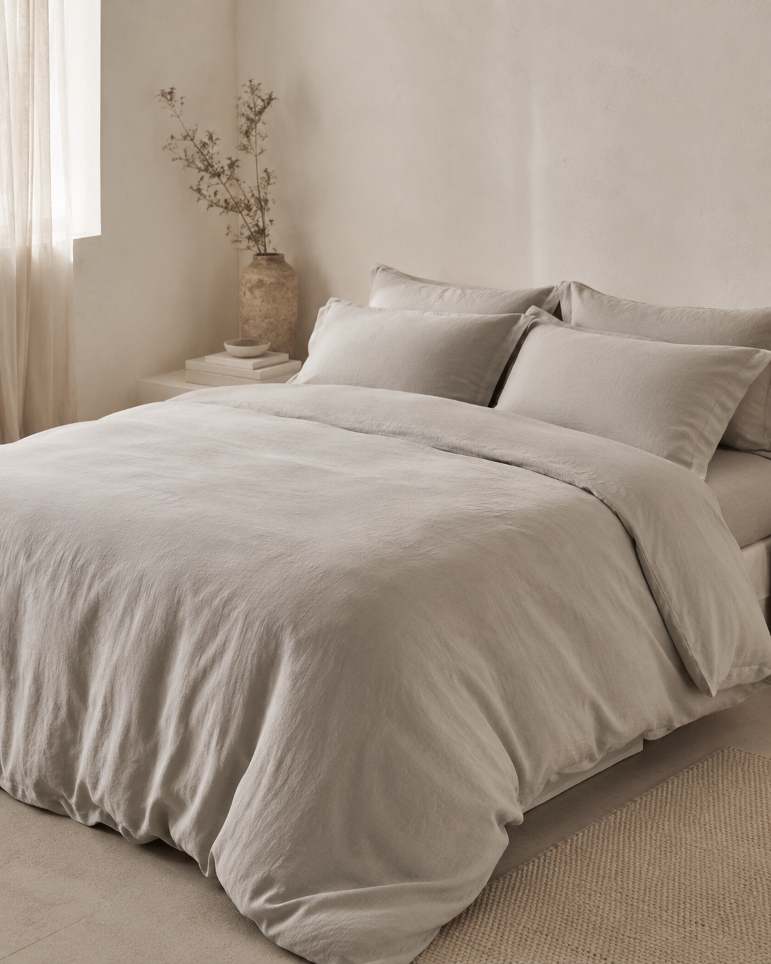 A neatly made bed dressed in light beige or oatmeal-colored bedding, including a duvet cover and multiple pillows, styled in a softly lit bedroom with a vase and books on a side table.