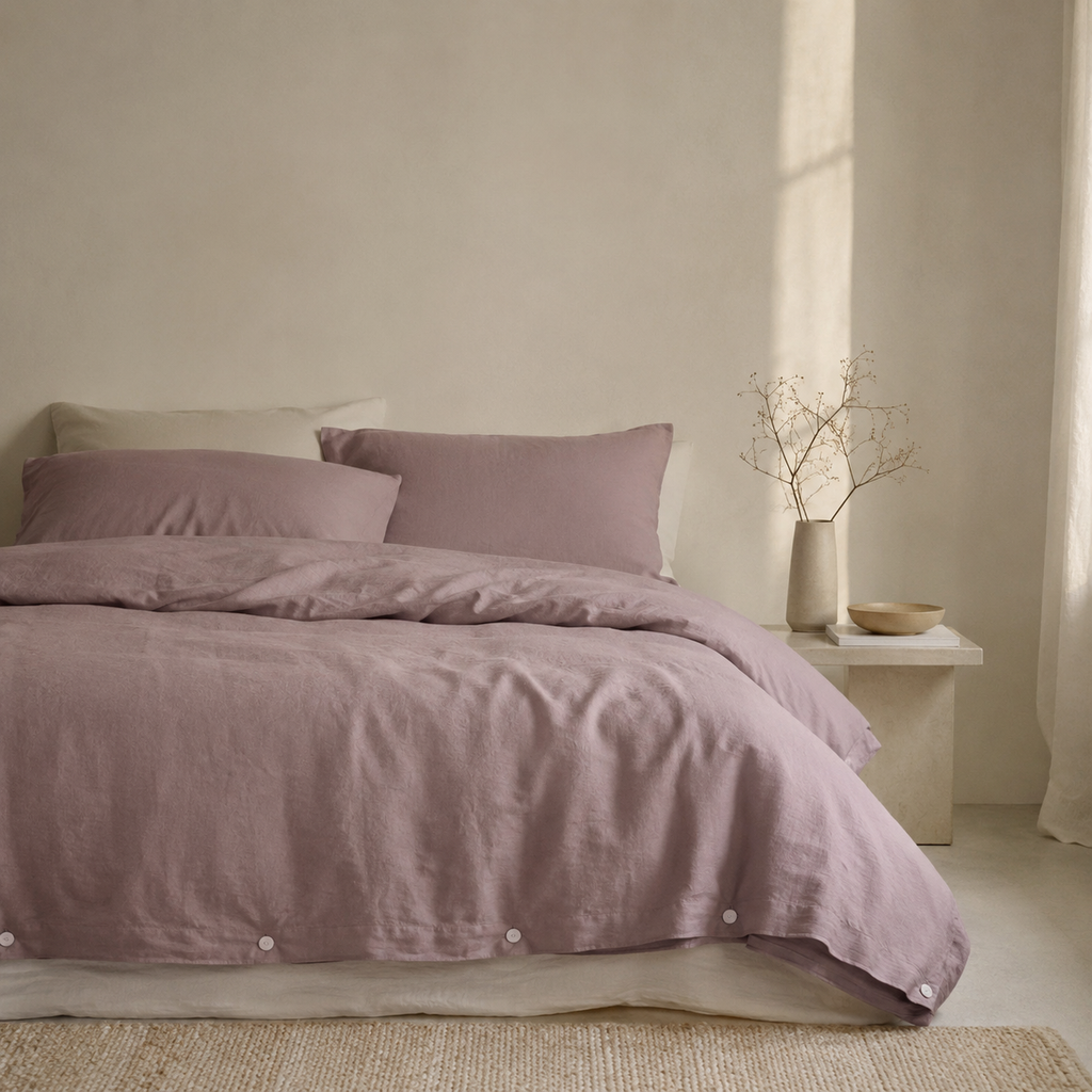 A bed dressed in a dusty mauve-lilac linen bedding set with matching pillows, styled in a minimalist bedroom with a side table and vase.