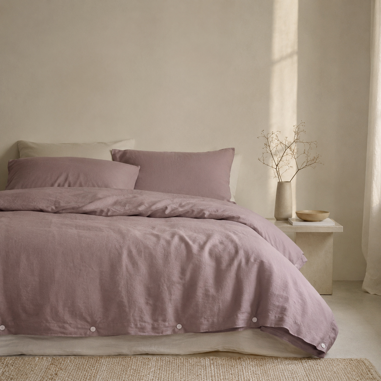 A bed dressed in a dusty mauve-lilac linen bedding set with matching pillows, styled in a minimalist bedroom with a side table and vase.