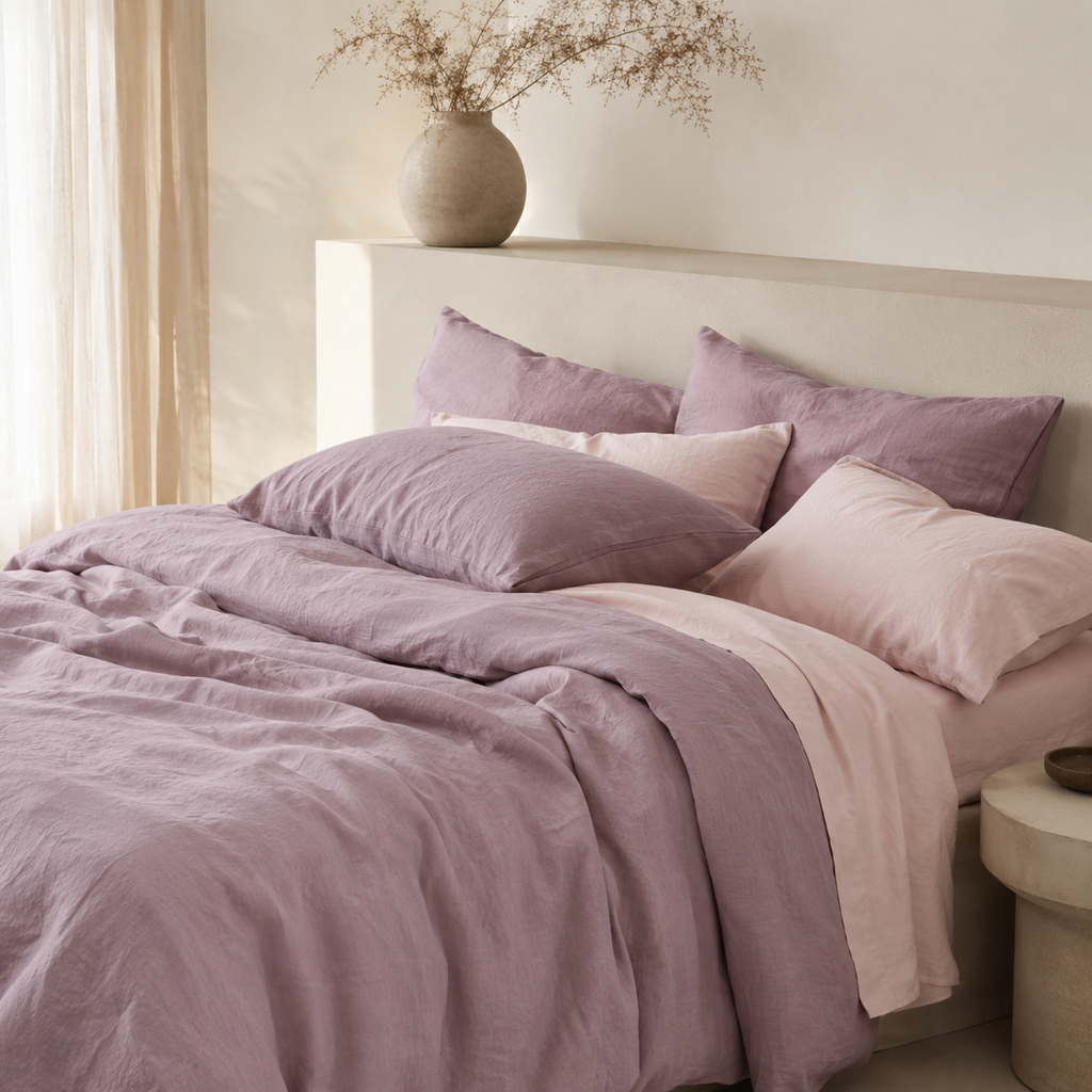 A neatly made bed in a softly lit bedroom, styled with dusty mauve and blush bedding. The duvet is in mauve, with matching pillow shams and blush pink accent pillows.