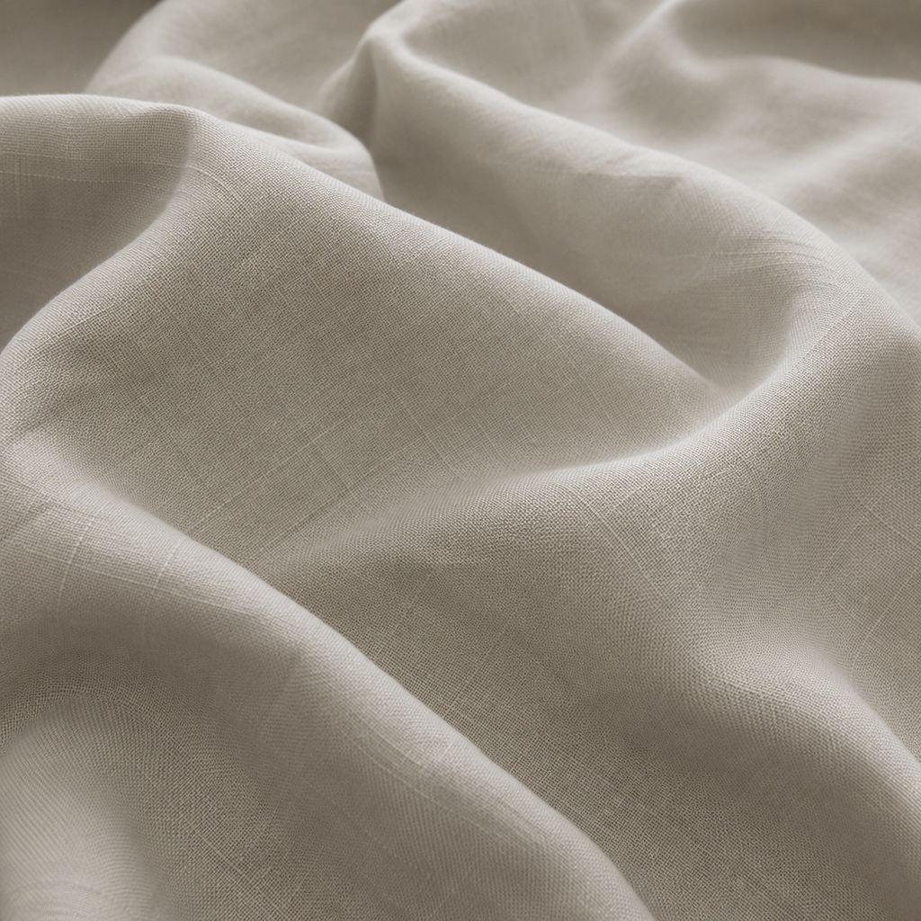 A close-up of draped off-white fabric with a soft, textured weave and gentle folds.