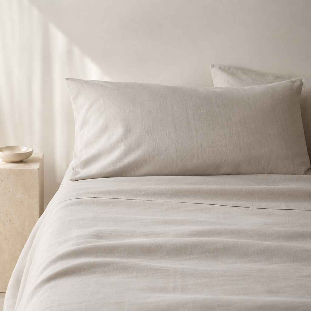 Light beige linen bedding set with a pillowcase on a bed in a softly lit neutral room.