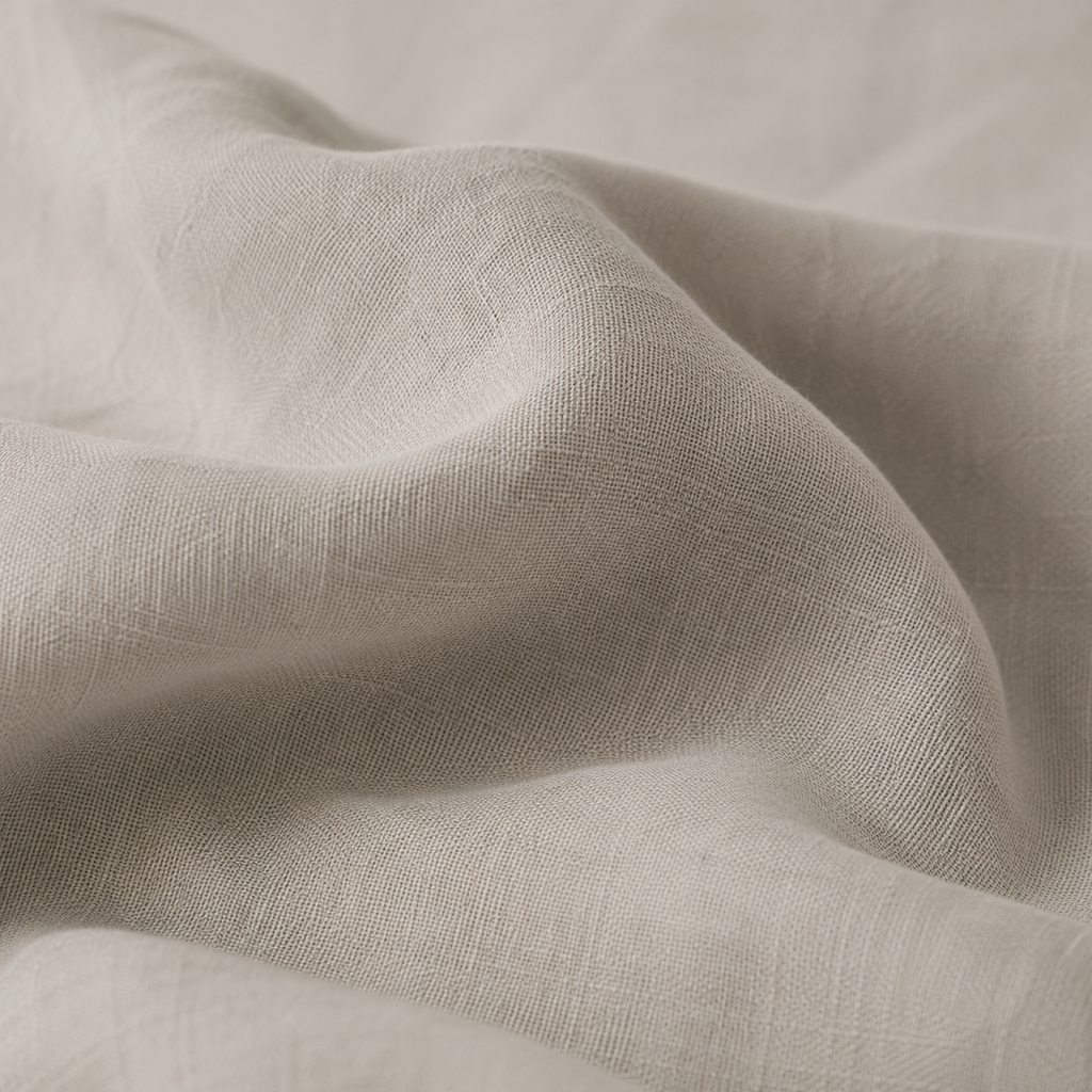 Close-up of draped light beige fabric with a soft, textured weave and gentle folds.