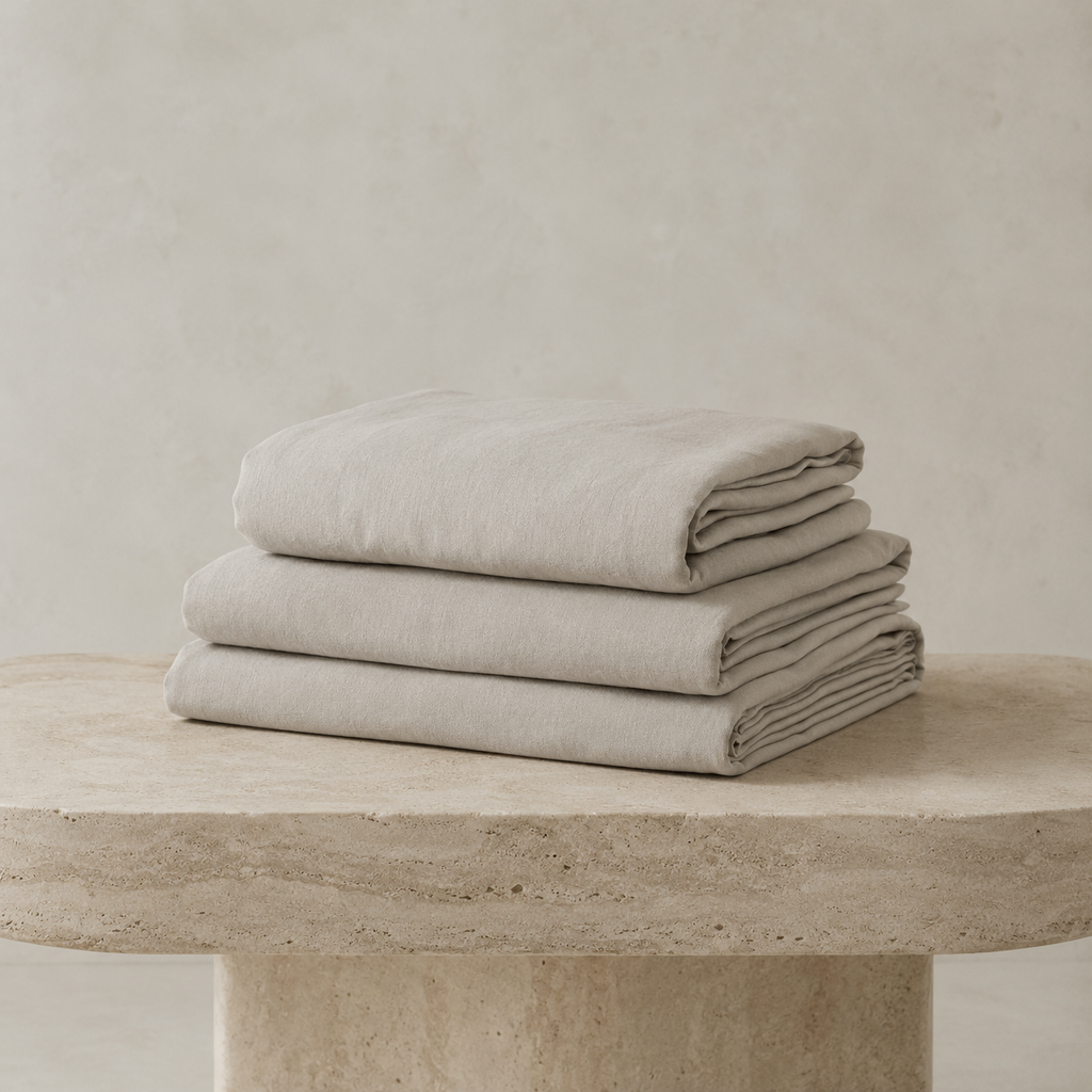 Three neatly folded light beige linen sheets or towels stacked on a rustic stone table against a textured neutral wall.