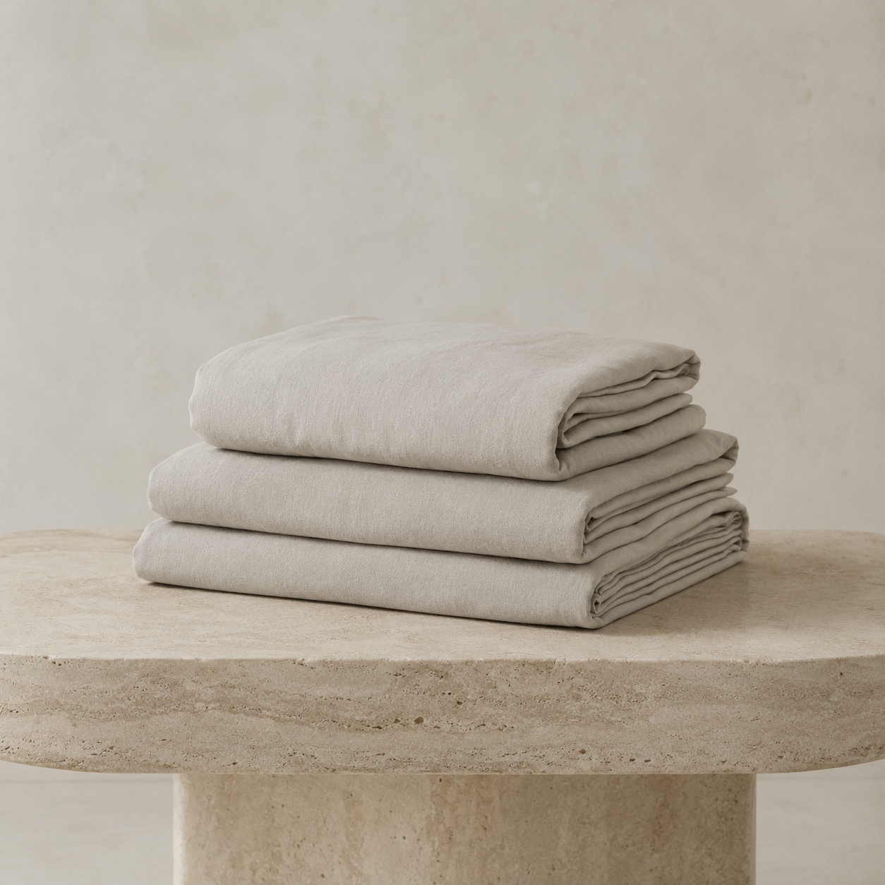 Three neatly folded light beige linen sheets or towels stacked on a rustic stone table against a textured neutral wall.
