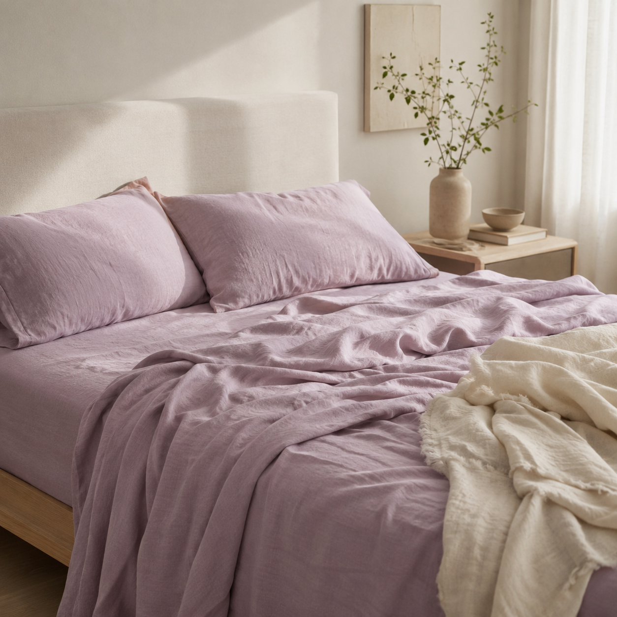 A bed dressed in dusty mauve-lilac bedding, including a sheet, pillowcases, and rumpled duvet, styled in a softly lit bedroom with a cream upholstered headboard, bedside table, vase with branches, and a cream throw blanket.