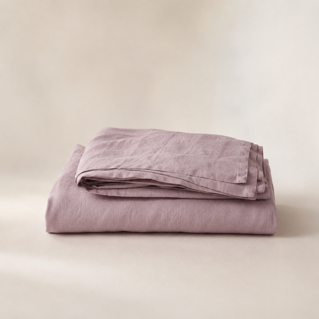 A folded dusty purple linen sheet or pillowcase set, displayed on a neutral beige background.