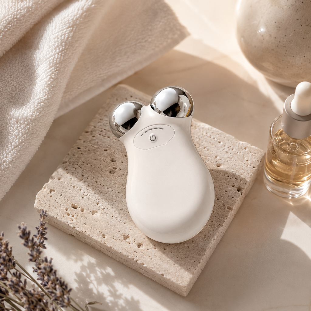 A white handheld facial massage device with two shiny silver metal spheres, displayed on a textured stone slab with a beige towel, a glass bottle, and dried lavender in a warm, sunlit setting.