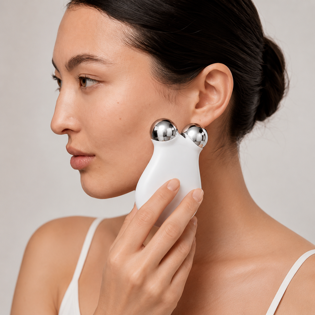 A woman in a white tank top uses a white and silver facial massage device on her cheek against a neutral light gray background.