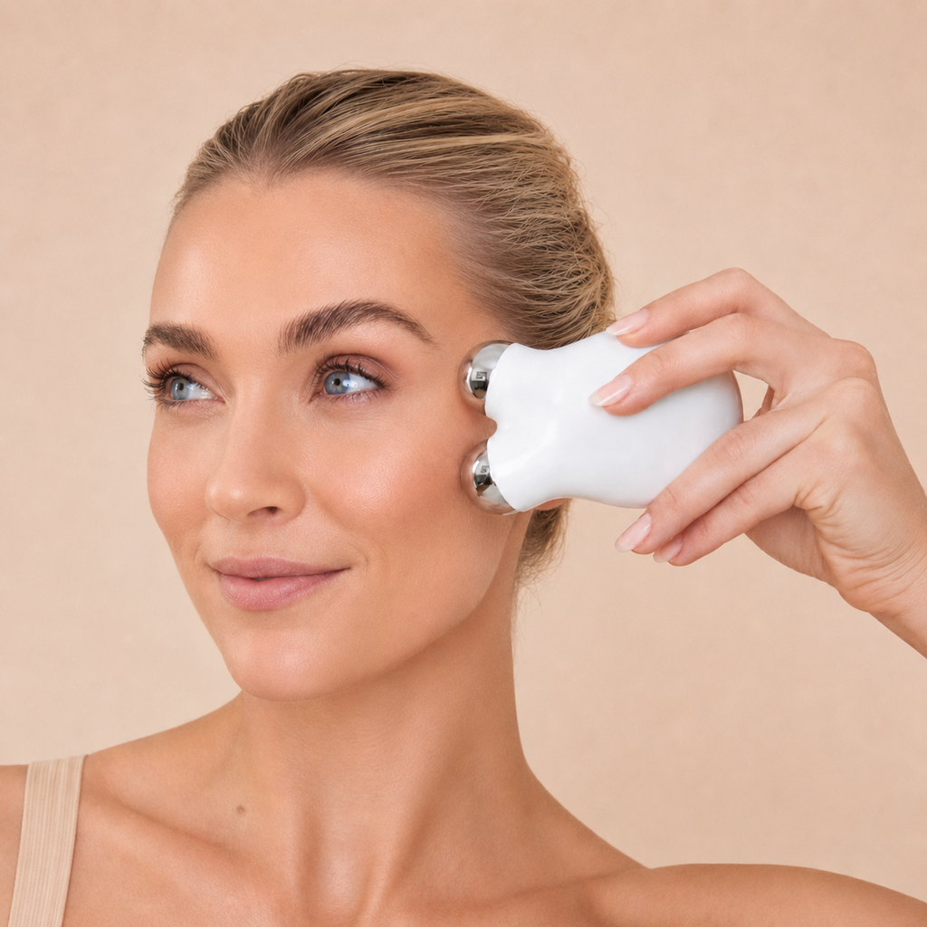 A woman with blonde hair pulled back uses a white handheld facial beauty device with silver metal rollers on her cheek, set against a solid beige background.