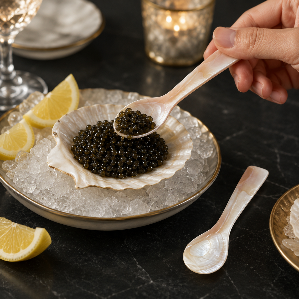 A close-up of a hand holding a mother-of-pearl spoon over a scallop shell filled with black caviar on a bed of ice, garnished with lemon wedges on a dark marble table.