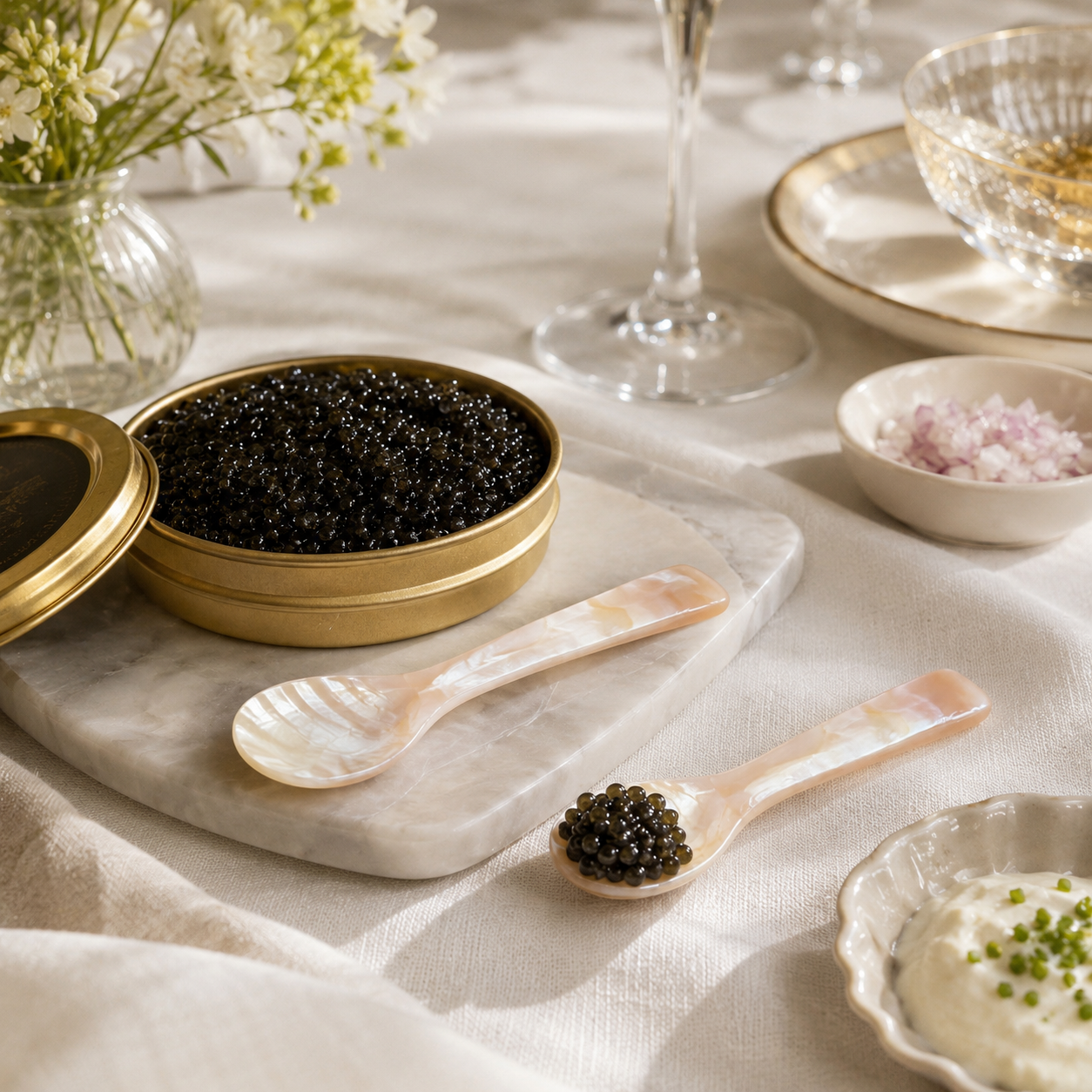 A round gold-toned metal tin filled with black caviar sits on a white marble board, with a gold lid beside it. Two small pearlescent spoons are placed in front, one holding a small spoonful of caviar.