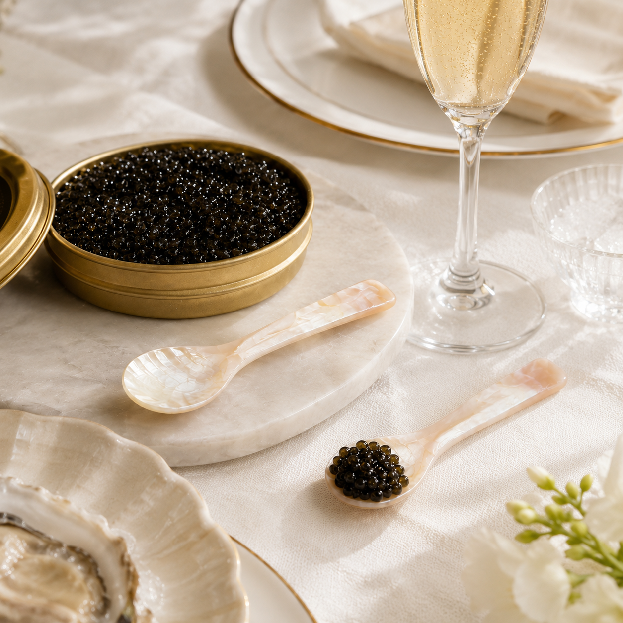 A close-up styled tabletop scene showing a round gold tin filled with black caviar, a shell spoon, a small spoon with more caviar, plates, a glass of champagne, and flowers on a white tablecloth.