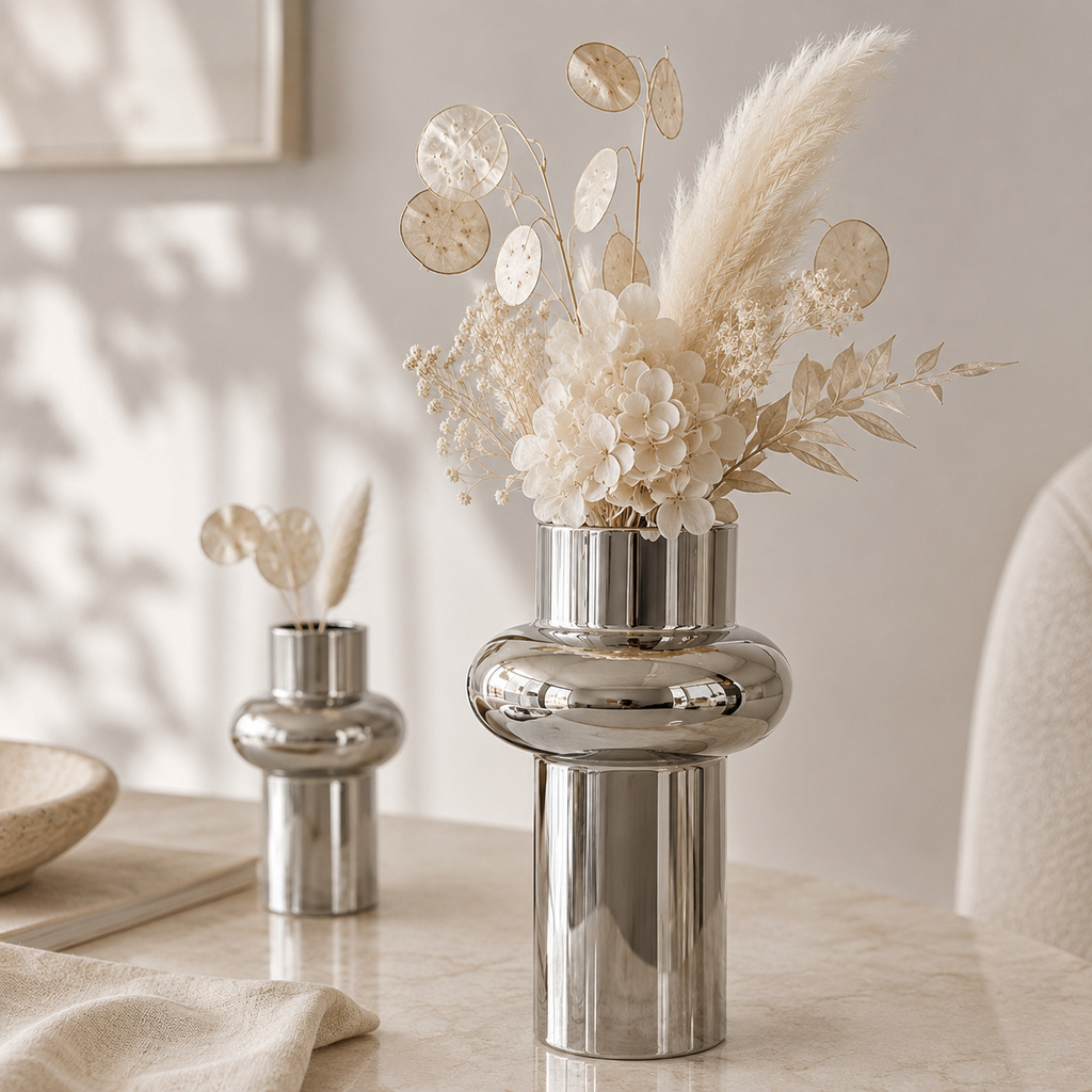 A polished silver metal vase with a bulb-shaped body and cylindrical base, filled with dried cream flowers and pampas grass, sits on a light stone table in a softly lit interior. A smaller matching vase is blurred in the background.