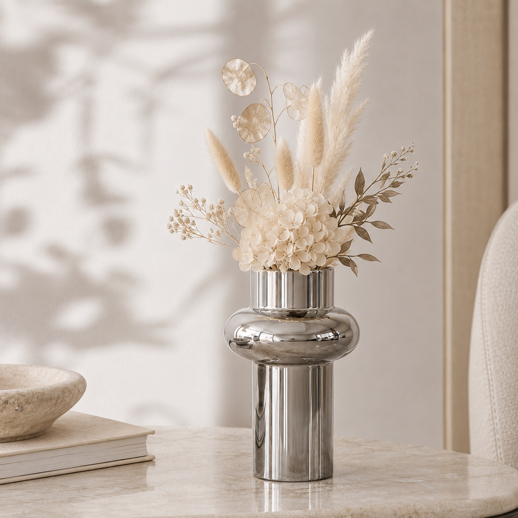 A polished silver metallic vase with a flared middle section, filled with dried beige and cream flowers and grasses, displayed on a light marble tabletop in a softly lit interior setting.