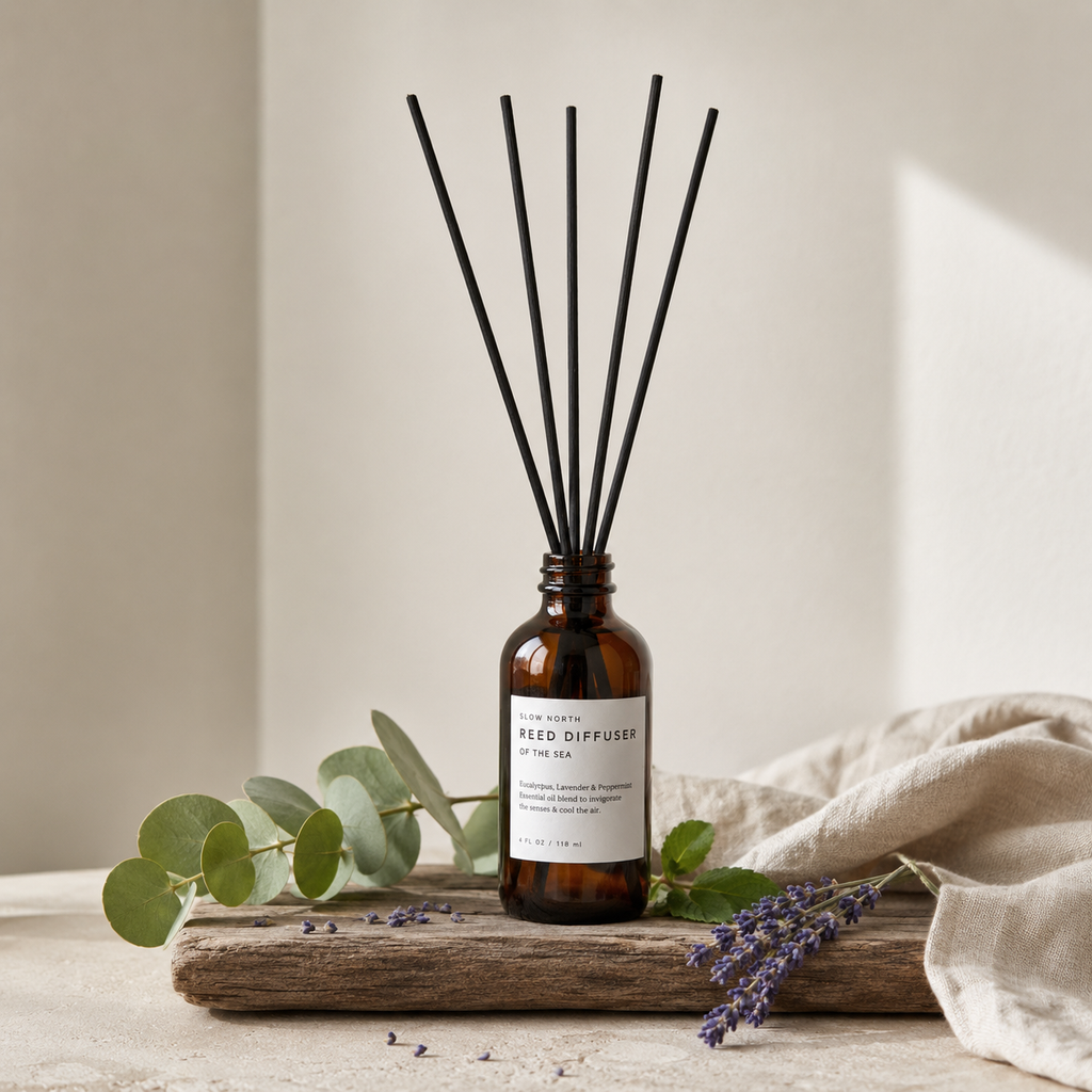 An amber glass reed diffuser bottle with black reed sticks, displayed on a rustic wooden board with eucalyptus leaves, lavender sprigs, and a beige linen cloth against a soft neutral background.