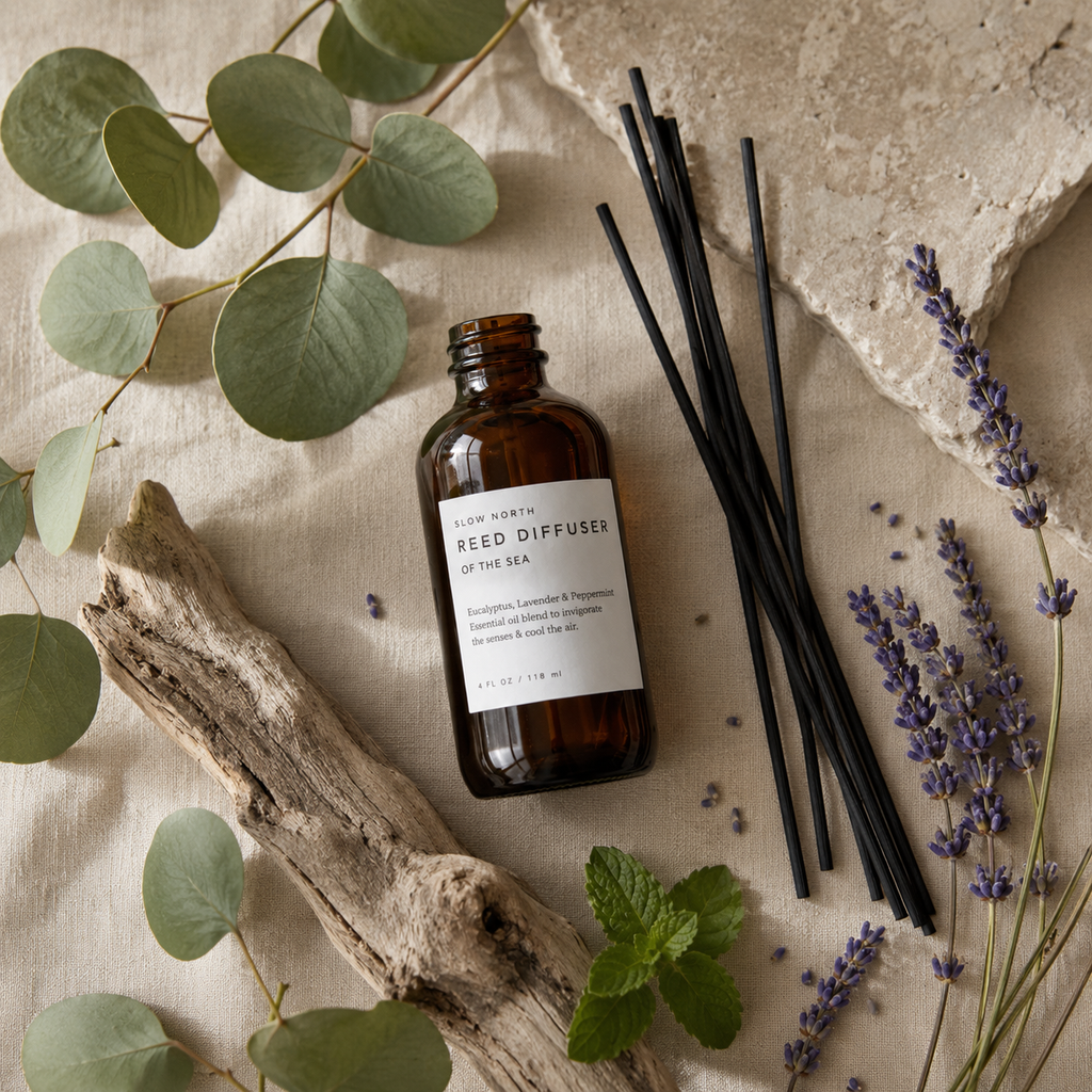 An amber glass reed diffuser bottle with a white label reading 'SLOW NORTH REED DIFFUSER OF THE SEA,' styled on a beige fabric surface with eucalyptus leaves, driftwood, black reeds, lavender sprigs, and mint leaves.
