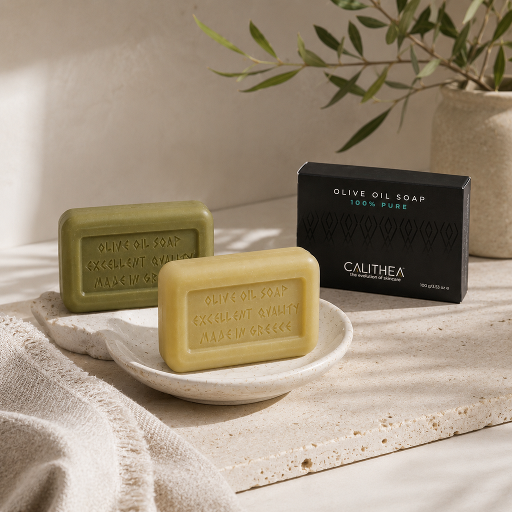 Two rectangular bars of Calithea olive oil soap displayed on a small dish, with one bar in olive green and one in pale yellow, alongside a black branded box. The scene is styled with a neutral textured surface, soft natural light, and a potted plant in the background.