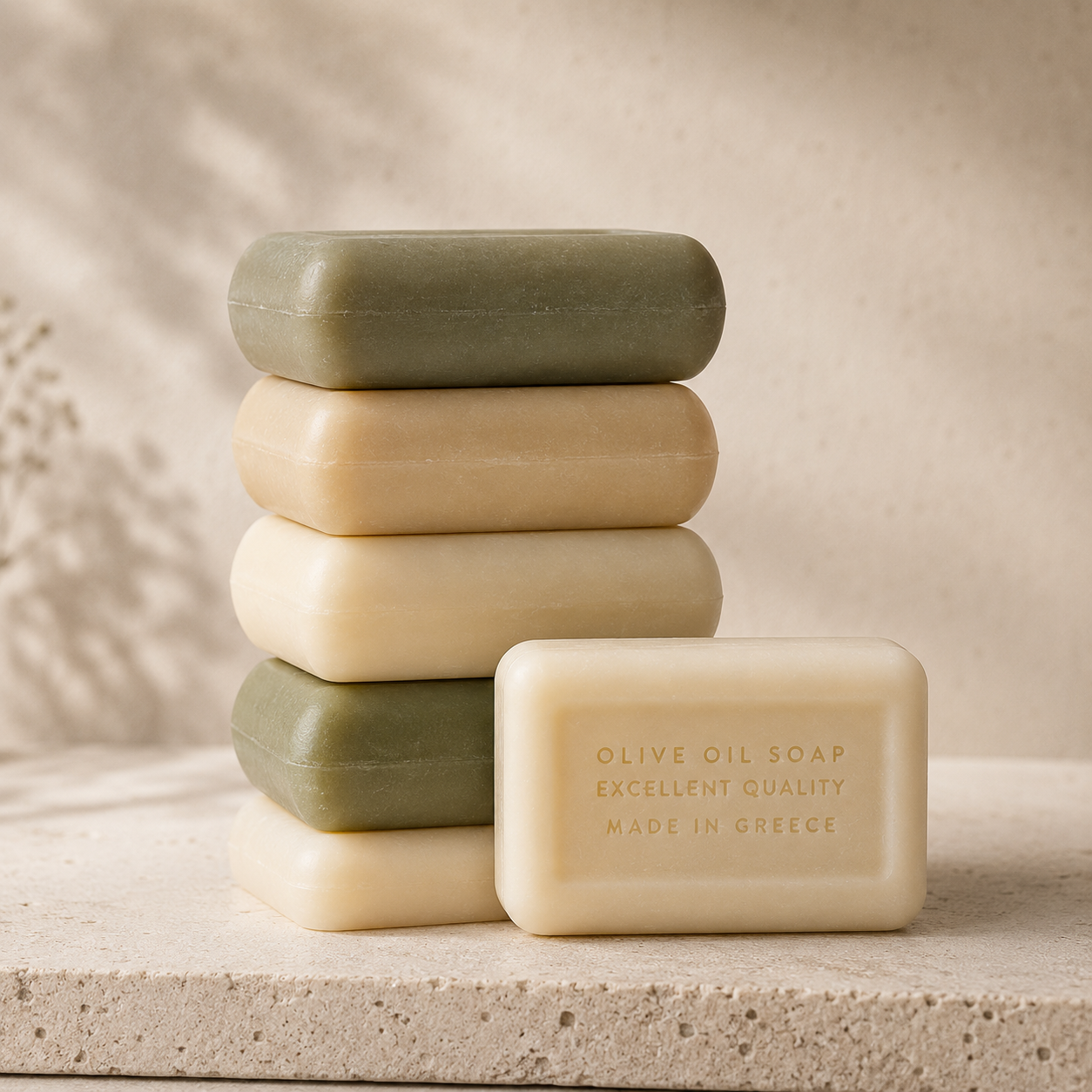 Five rectangular bars of olive oil soap stacked vertically with one bar placed in front, all in warm cream and muted sage green tones. The front bar is embossed with the text 'OLIVE OIL SOAP EXCELLENT QUALITY MADE IN GREECE.