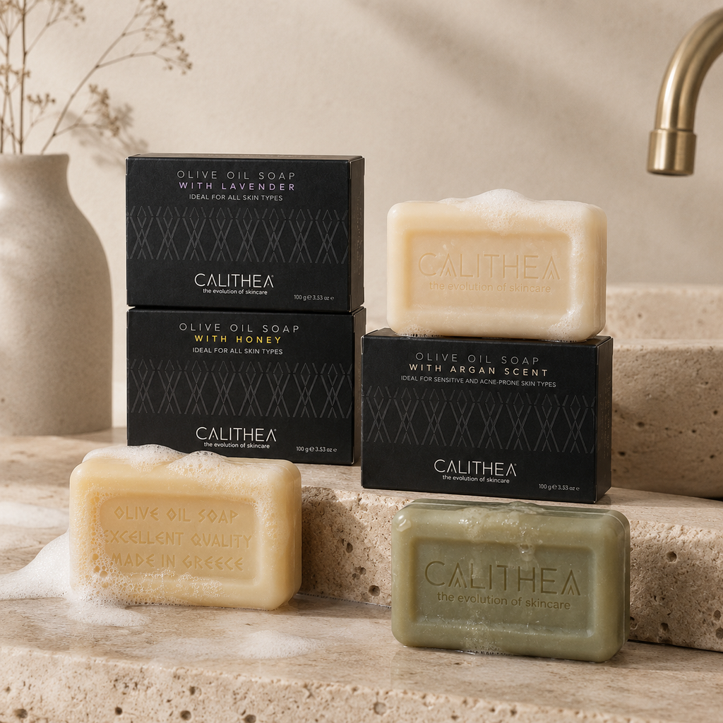Five Calithea olive oil soaps in various scents and colors are displayed with their black packaging boxes on a stone countertop, with a ceramic vase and a brass faucet in the background.