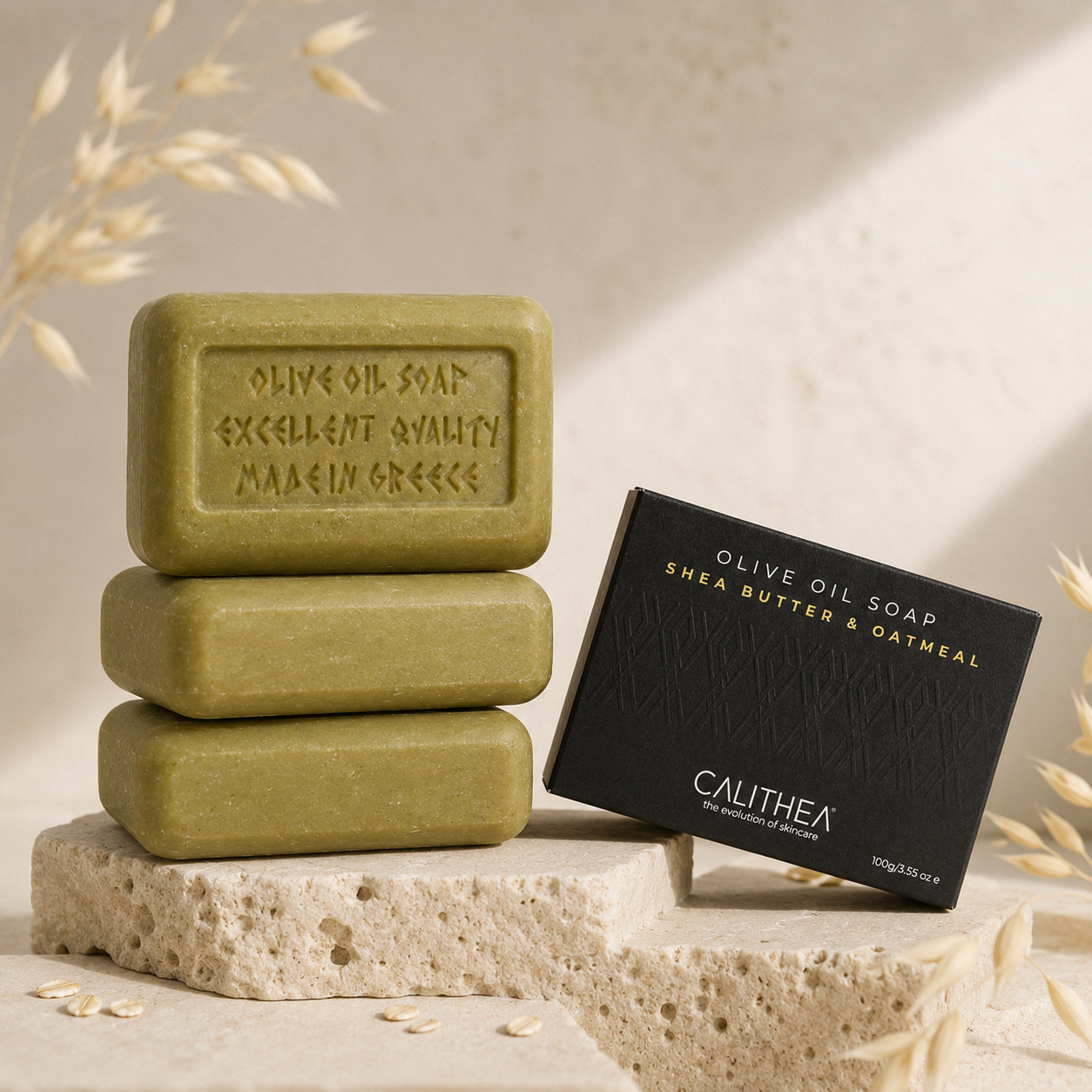 Three olive green bars of Calithea Olive Oil Soap stacked on a stone slab next to a black product box, styled with dried oat grass on a warm beige background.