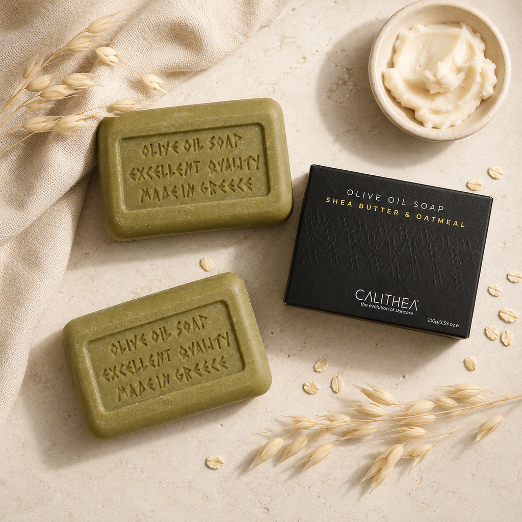 Two rectangular bars of olive oil soap in an olive green color, embossed with 'OLIVE OIL SOAP EXCELLENT QUALITY MADE IN GREECE', displayed next to their black packaging box by Calithea. The scene is styled with a bowl of cream, oat grains, and dried wheat stalks on a textured beige fabric background.