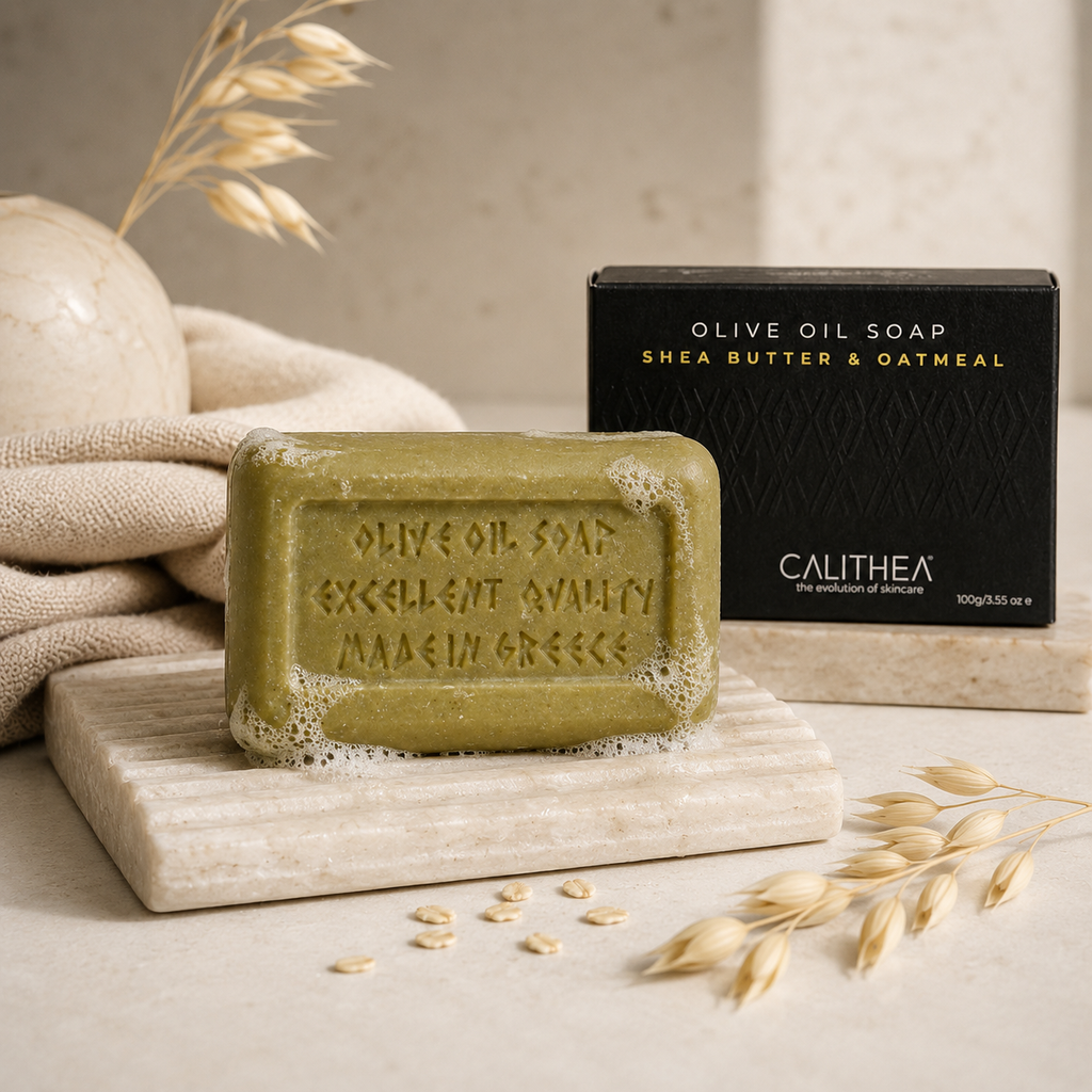 A rectangular bar of olive oil soap with a foamy edge sits on a light stone slab, with the black Calithea product box behind it and oat stems and neutral props around it.