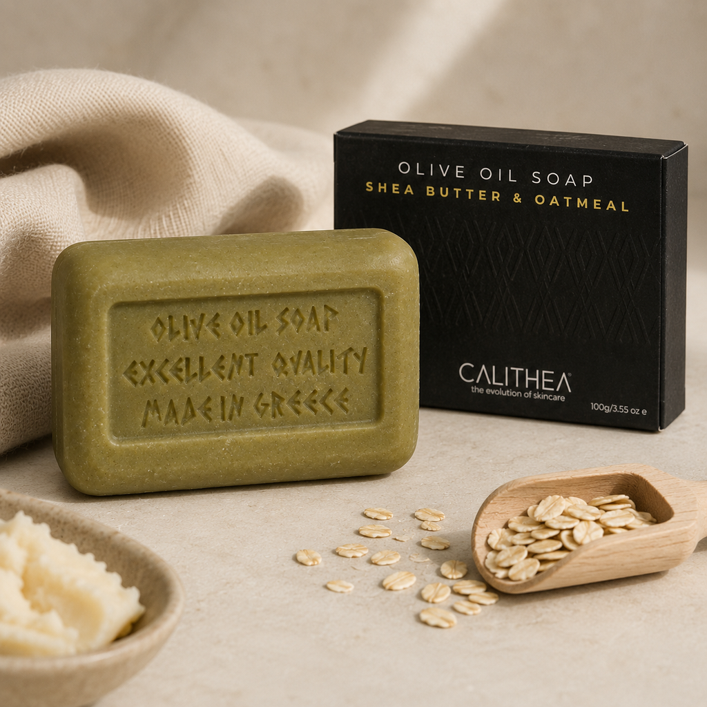 A rectangular bar of olive oil soap in an olive-green color sits in front of its black retail box. The box reads 'OLIVE OIL SOAP SHEA BUTTER & OATMEAL' and shows the brand CALITHEA.