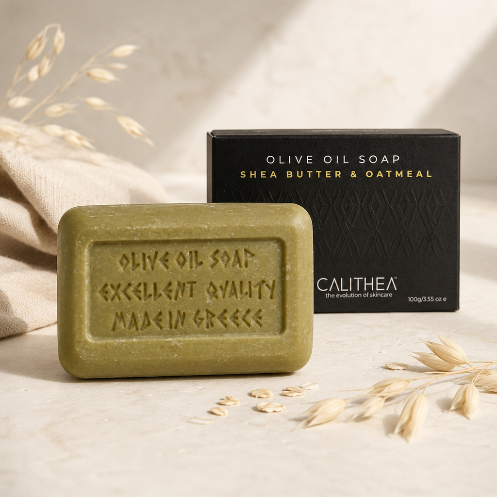 A rectangular bar of olive oil soap in an olive green color sits in front of its black packaging box. The box is labeled 'CALITHEA' and 'OLIVE OIL SOAP SHEA BUTTER & OATMEAL'.