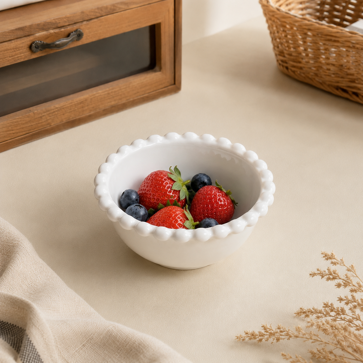A small white ceramic bowl with a scalloped edge, filled with strawberries and blueberries, set on a beige tabletop with a wooden drawer, woven basket, and fabric napkin in the background.
