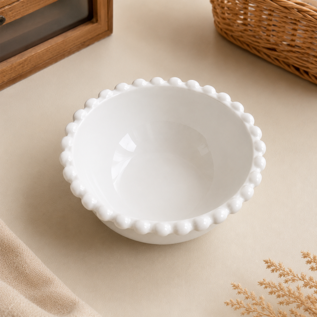 A white ceramic bowl with a scalloped beaded rim, shown on a beige tabletop with neutral home decor props.