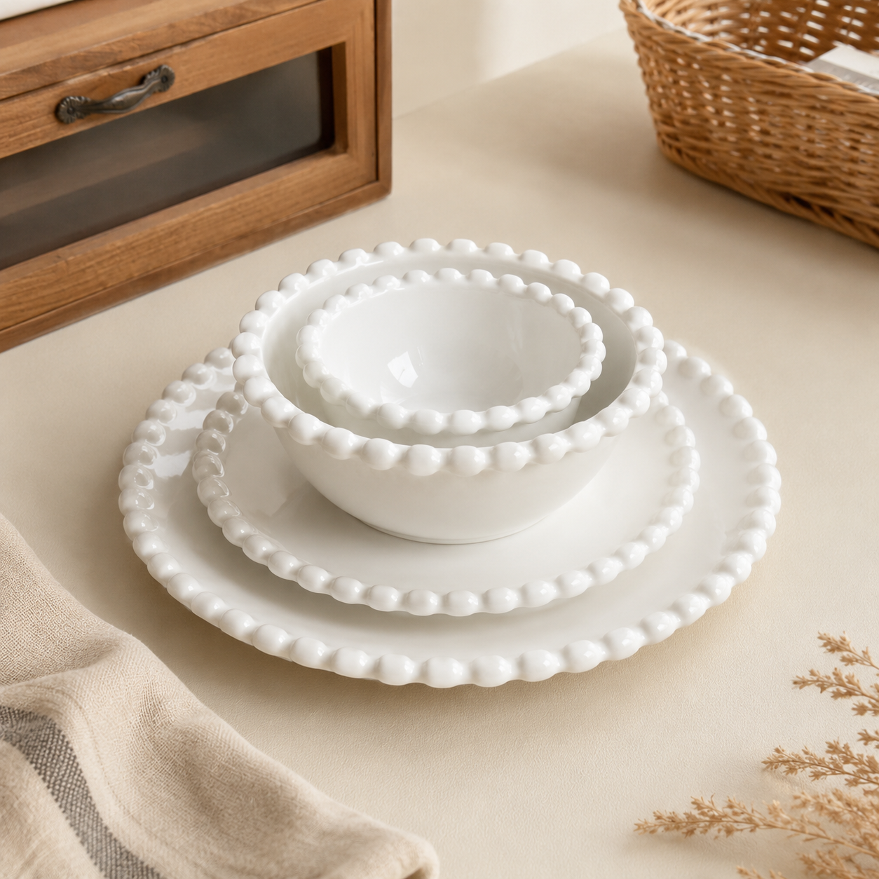Three-piece white ceramic dinnerware set with scalloped edges, including a plate, a saucer, and a bowl, arranged on a beige tabletop with styled home decor props.